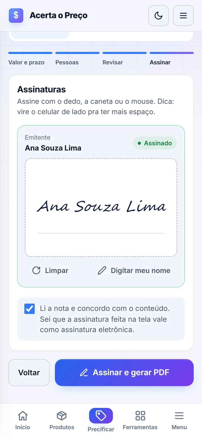 Etapa de assinatura da nota promissória no celular