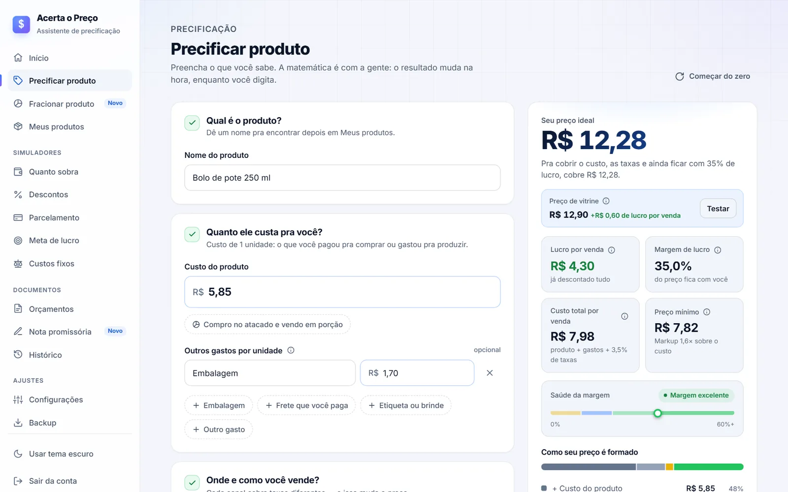 Tela Precificar produto da Calculadora Acerta o Preço no computador, com formulário e preço ideal ao lado